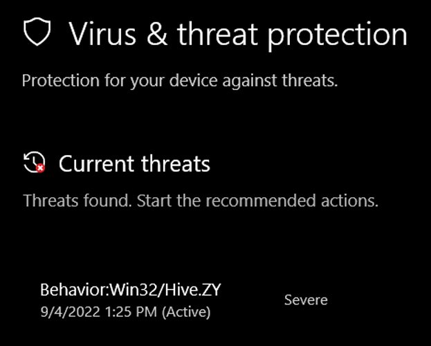 Microsoft Defender在Google Chrome应用程序中错误地检测到Win32/Hive.ZY