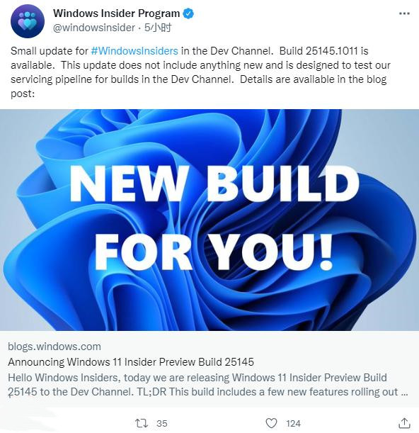 微软Win11 25145.1011(KB5016159)Dev预览版发布！旨在测试服务管道