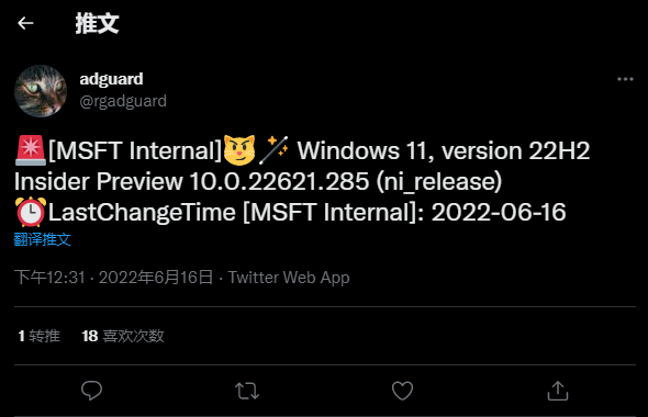 Windows 11 version 22H2 Insider Preview 22621.285 (ni_release)发布！