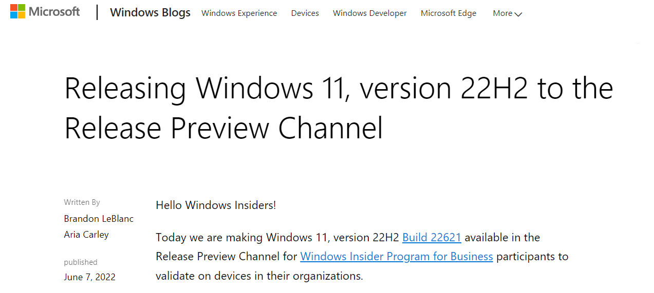 微软Win11 22H2 Build 22621已面向Release Preview通道发布：需手动下载