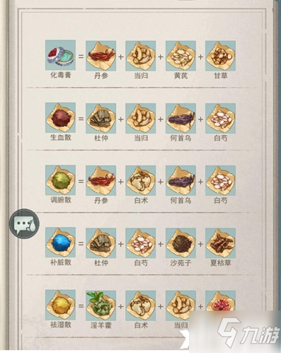 《江湖悠悠》弱效生血散配方一览_江湖悠悠